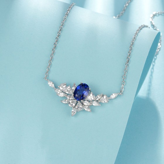 925 Sterling Silver Lab-Grown Sapphire Necklace(ZHF-P1474DB)