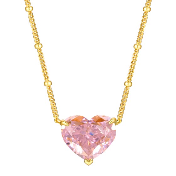 925 Silver Pink Heart Cubic Zirconia Necklace, Yellow Gold Plated (P0676F)