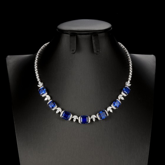 925 Sterling Silver Lab-Grown Sapphire Necklace(ZHF-P1237DB)