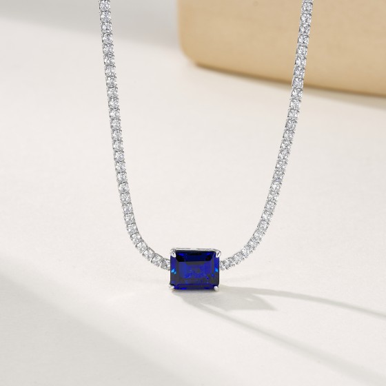 925 Sterling Silver Lab-Grown Sapphire Necklace(ZHF-P3166B)
