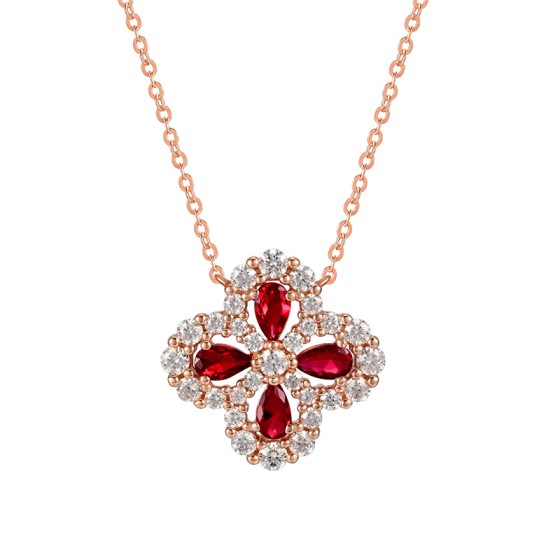 925 Silver Lab-Grown Ruby Four-leaf Clover Necklace (P0986)