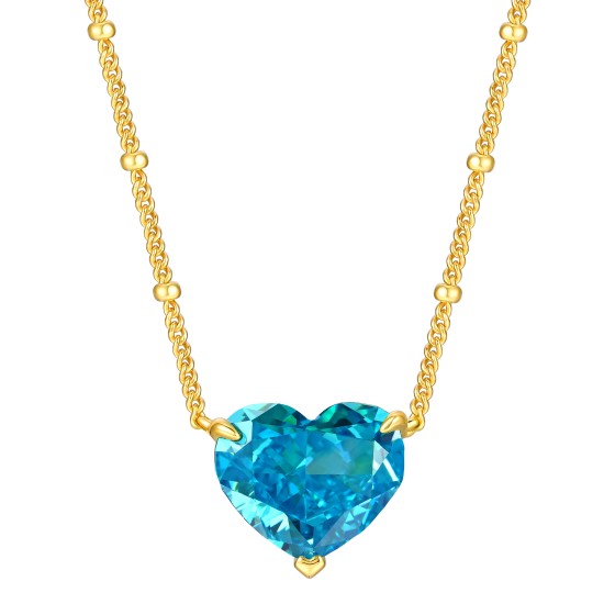 925 Silver Blue Heart Cubic Zirconia Necklace, Yellow Gold Plated (P0676B)