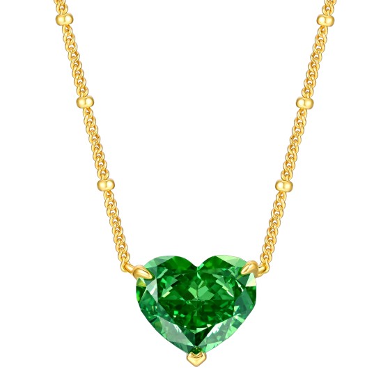 925 Silver Green Heart Cubic Zirconia Necklace, Yellow Gold Plated (P0676L) 吊牌简写