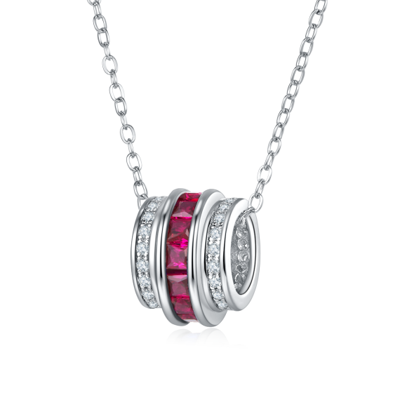 925 Silver Lab-Grown Ruby Barrel Pendant Necklace (A73-P201996R)