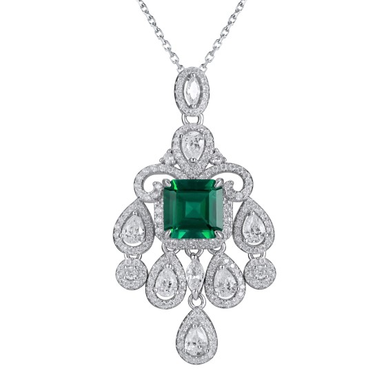 925 Sterling Silver Lab-Grown Emerald Necklace(A73-N2105082)