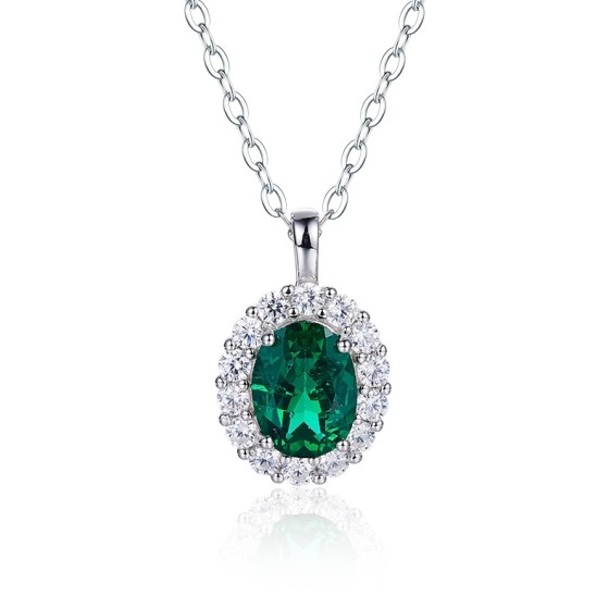 925 Silver Lab-Grown Emerald Oval Necklace (AP0317)