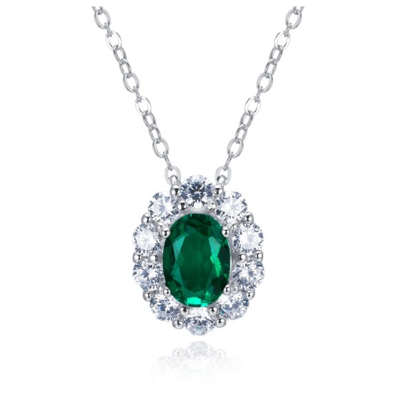 925 Silver Lab-Grown Emerald Oval Necklace(ZHFN0006)