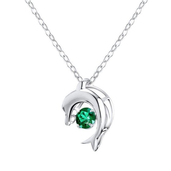 925 Silver Lab-Grown Emerald Dancing Dolphin Necklace (LP0076)