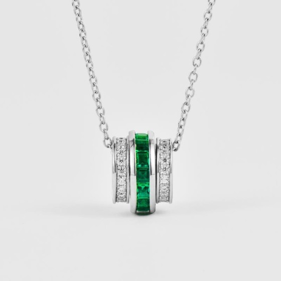 925 Silver Lab-Grown Emerald Barrel Pendant Necklace (A73-P20199)