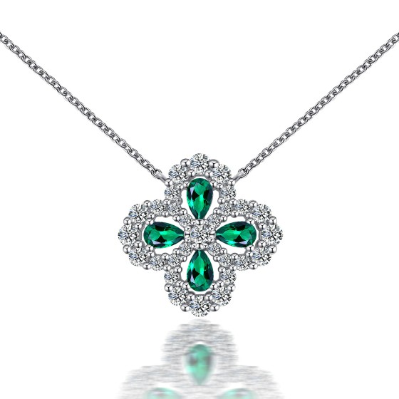 925 Silver Lab-Grown Emerald Four-leaf Clover Pendant (A73-P2020306)