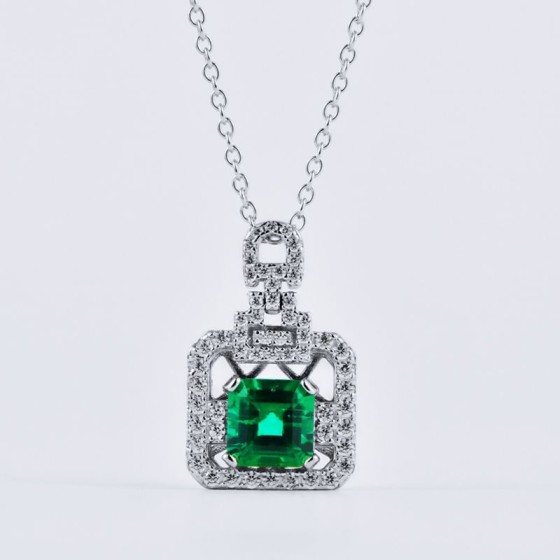 925 Sterling Silver Lab-Grown Emerald Necklace(P2020210)