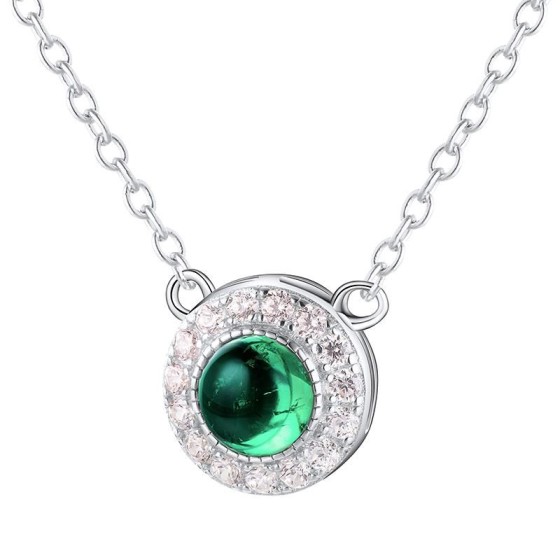 925 Silver Lab-Grown Emerald Round Cabochon Necklace (A73-P2019811)