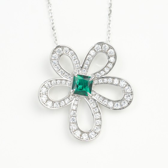 925 Sterling Silver Lab-Grown Emerald Necklace(P0892)